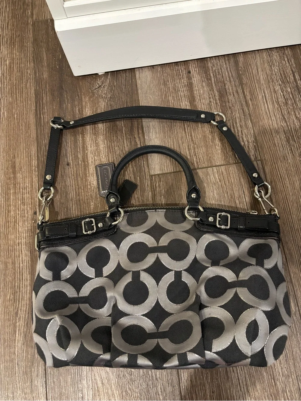 black and silver Coach Madison Op Art Lurex Satchel